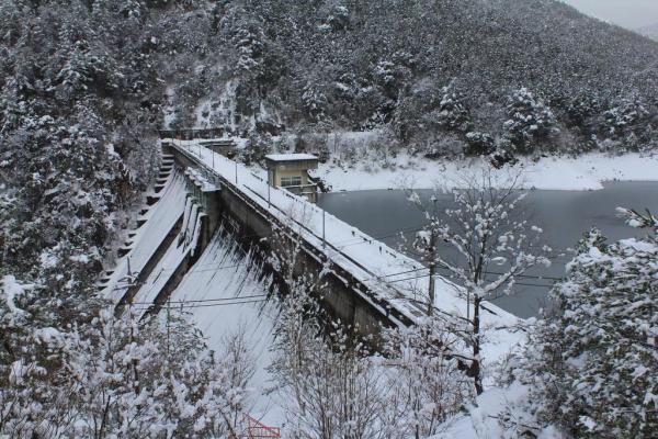 左岸側からの堰堤（冬）