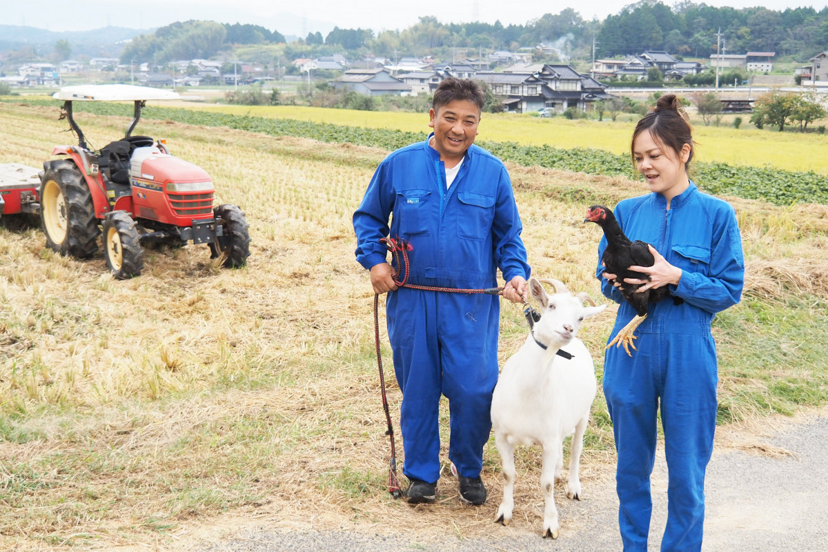 ヤギやシャモもいる農家民宿　勝央町の「土井ん家」で作州黒の枝豆収穫体験