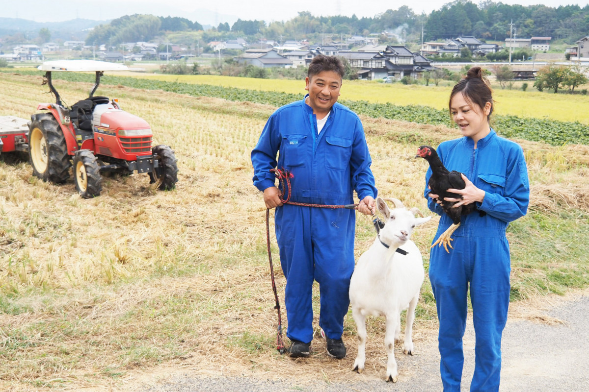 ヤギやシャモもいる農家民宿　勝央町の「土井ん家」で作州黒の枝豆収穫体験