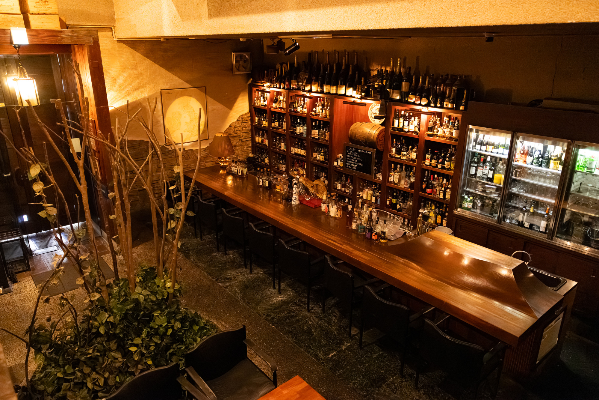 桜の木がアクセントの店内。