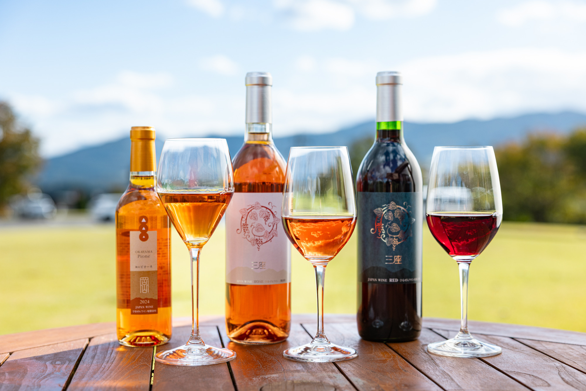 (左)「岡山ピオーネ」360ml 2,530円・(中)「三座-ロゼ」720ml 3,520円・(右)「三座-赤」720ml 3,630円